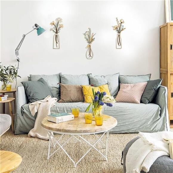 3 Pieces Metal Flowers Wall Arts -Rustic Farmhouse Decor Beige Minimalist Flower - Picture 4 of 7